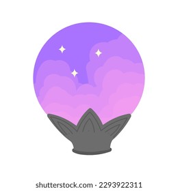 Magic magic ball for divination isolated on white background. A mystical crystal on a beautiful stand with pink sunset clouds and stars inside, an accessory for a modern witch.