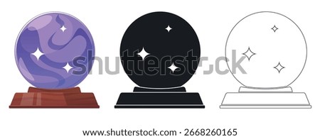 Magic ball for divination. Line or silhouette fortunetelling isolated symbols. Oracle glass spheres. Crystal circles. Future prediction. Gypsy or witch globes. Vector set of different types of icons