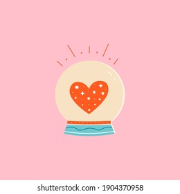 Magic ball or fortune teller with red shining heart inside. Colorful vector illustration in cartoon mid century style. 