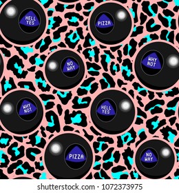 Magic ball (fortune telling toy) seamless pattern. Colorful design for wallpapers, graphic t-shirts, sweatshirts, etc. Neon background.