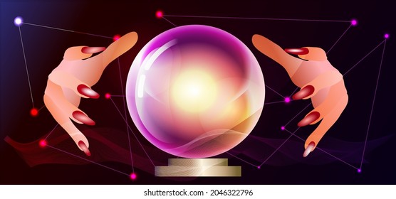 Magic ball and fortune-teller's hands on a dark background