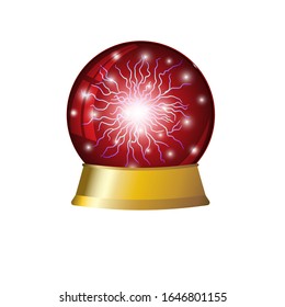 Magic ball. Glowing magic ball with lightning bolts on a gold stand. Isolated on a white background.