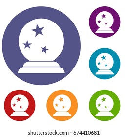 Magic ball icons set in flat circle reb, blue and green color for web