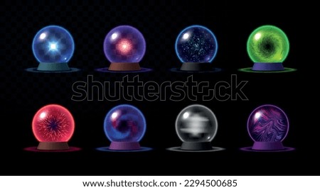 Magic ball illuminated neon bright energy mysterious orbs crystal glass prediction paranormal sphere set realistic vector illustration. Glowing magical paranormal colored witchcraft occult light shape