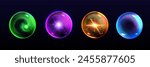 Magic ball with light glow effect. Realistic 3d vector illustration set of fantasy energy orb with lightnings and sparkles. Magician sphere crystal with shine plasma. Burst fortune teller globe.