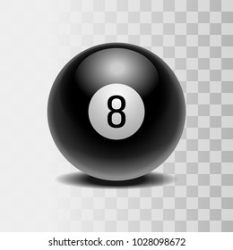 The magic ball of predictions for decision-making. Realistic black Ball with number Eight isolated on a transparent background. Vector illustration EPS 10