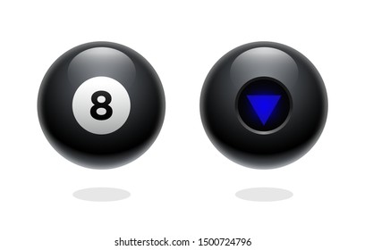 Magic ball of predictions for decision-making. Realistic black sphere. Magic 8 ball set. Eight ball. Glossy shiny ball with number 8. Billiard game. Vector illustration. Transparent background. Black