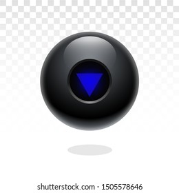 Magic ball of predictions for decision-making. Realistic black sphere. Magic 8 ball set. Eight ball. Glossy shiny ball with number 8. Billiard game. Vector illustration. Transparent background. Black 