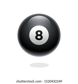 Magic ball of predictions for decision-making. Realistic black sphere. Magic 8 ball set. Eight ball. Glossy shiny ball with number 8. Billiard game. Vector illustration. Transparent background. Black 