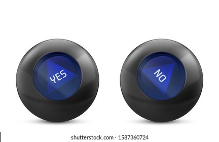 Magic ball of predictions for decision-making with Yes and No answer. Forecast oracle for questions. Vector realistic black spheres with blue triangle isolated on white background