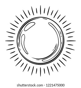 Magic ball with rays. Black and white hand drawn illustration.