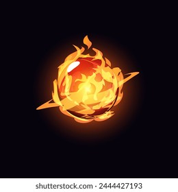 Bola mágica. Vector bola de fuego mágica con anillo de movimiento dinámico. Bola de energía con un resplandor místico, ideal para juegos de fantasía, aislado sobre un fondo negro.