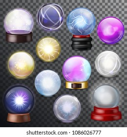 Magic ball vector magical crystal glass sphere and shiny lightning transparent orb as prediction soothsayer illustration magnificent set isolated on transparent background