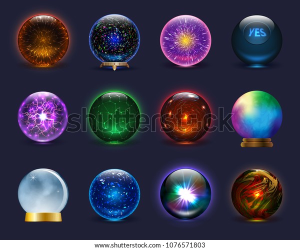 背景に魔法のボールベクター魔法の水晶ガラス球と 輝く稲妻の透明な球 予測の滑らかなイラスト 壮大なセット のベクター画像素材 ロイヤリティフリー