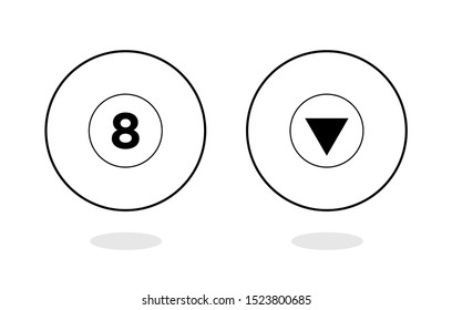 Magic ball vector. Ball with number 8. Magic ball of predictions for decision-making. Realistic black sphere. Eight ball. Billiard game. Vector illustration. Magic packaging.