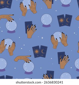 Magic ball and witch hands flat seamless pattern