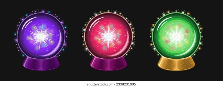 Bolas mágicas en pie. Orbes misteriosas energéticas con flash en el interior, brillo místico, chispas, vidrio mágico de cristal, esfera para la predicción. Estilo vintage.
