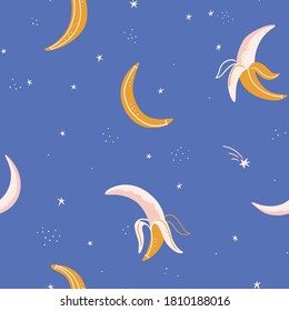 Magic banana moon seamless pattern in hand-drawn style. Stylish vector baby fabric design.