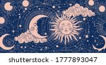 Magic banner for astrology, divination, magic. The device of the universe, crescent moon and sun with moon on a blue background. Esoteric vector illustration, pattern