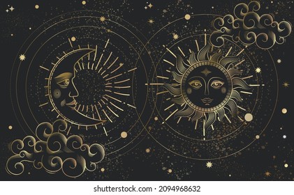 Magic banner for astrology, golden line on black background magic zodiac, tarot. Universe space, crescent moon and sun and clouds. Esoteric vector illustration
