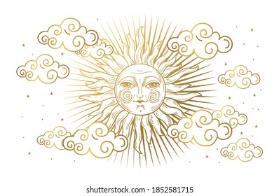 Magic banner for astrology, tarot, boho design. Universe, golden sun with face and clouds on white isolated background. Esoteric vector illustration, pattern