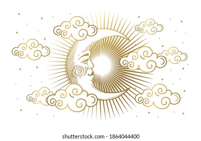 Magic banner for astrology, tarot, boho design. Universe, crescent moon with face and clouds on white isolated background. Esoteric vector illustration, pattern