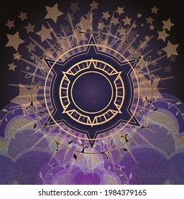 Magic banner for astrology, tarot cards, boho design. Universe with the sun surrounded by stars on a blue background. Esoteric vector illustration, pattern