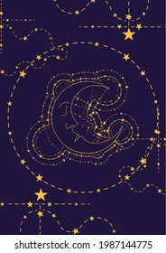 Magic banner for astrology, tarot cards, boho design. Universe with the moon surrounded by stars on a dark blue background. Esoteric vector illustration, pattern. EPS10