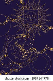 Magic banner for astrology, tarot cards, boho design. Universe with the sun and moon surrounded by stars on a dark blue background. Esoteric vector illustration, pattern. EPS10