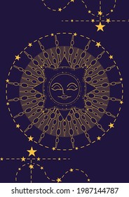 Magic banner for astrology, tarot cards, boho design. Universe with the sun and moon surrounded by stars on a dark blue background. Esoteric vector illustration, pattern. EPS10