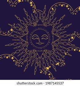 Magic banner for astrology, tarot cards, boho design. Universe with the sun surrounded by stars on a dark blue background. Esoteric vector illustration, pattern. EPS10