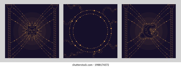 Magic banner for astrology, tarot cards, boho design. Universe with the sun surrounded by stars on a dark blue background. Esoteric vector illustration, pattern. EPS10