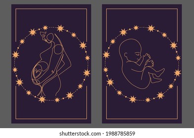 Magic banner, boho design. the birth of life surrounded by stars on a dark blue background. Baby birth and pregnancy concept. Esoteric vector illustration, pattern. EPS10