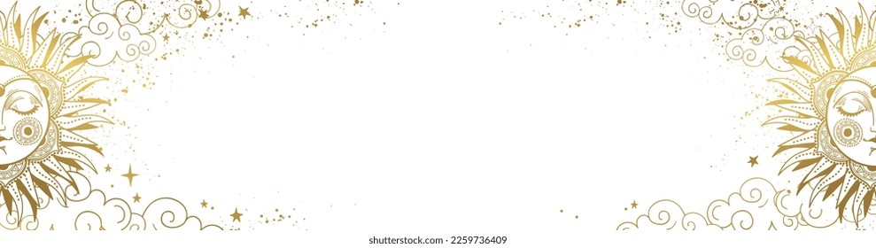 Magic banner golden sun with face on white starry sky, heavenly boho card with copy space. Template for astrology, tarot, witch banner. Hand drawn vector illustration, vintage design.