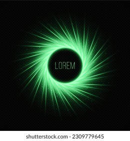 Magic banner with light effect. Sparkling sun effect. Rotating ring with glowing rays. Glowing swirl effect.