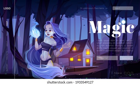 Magic Banner With Mystic Girl Hold Blue Fire On Hand In Night Forest. Vector Landing Page With Cartoon Illustration Of Landscape With Wooden House And Fairytale Wizard Or Genie Woman With Long Hair