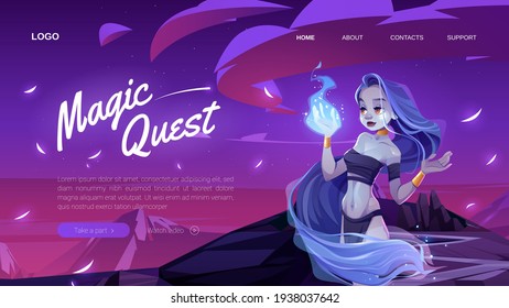 Magic banner with mystic girl in night forest