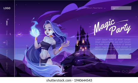 Magic banner with mystic girl in night forest
