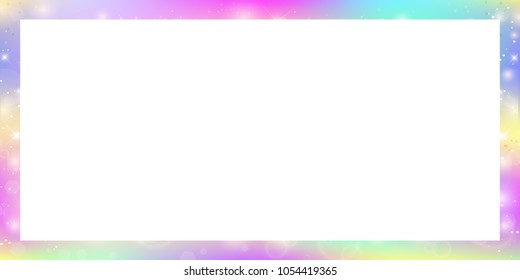 Magic banner with rainbow mesh and copy space. Cute universe poster in princess colors. Fantasy gradient backdrop with hologram. Holographic magic background with fairy sparkles, stars and blurs.