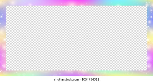 Magic banner with rainbow mesh and space for text. Cute universe border in princess colors. Fantasy gradient backdrop with hologram. Holographic magic background with fairy sparkles, stars and blurs.