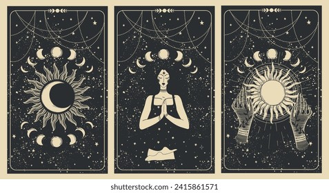 Magic banner with sun, moon and meditating woman, set of tarot cards, celestial boho background for astrology, fortune telling. Flat hand drawn vector illustration.