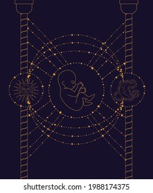 Magic banner, tarot cards, boho design. The birth of a child with the sun surrounded by stars on a dark blue background. Maternity concept. Esoteric vector illustration, pattern. EPS10