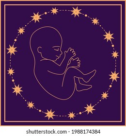 Magic banner, tarot cards, boho design. The birth of a child  surrounded by stars on a dark blue background. Maternity concept. Esoteric vector illustration, pattern. EPS10