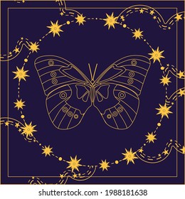 Magic banner, tarot cards, boho design. the beginning of the life of a butterfly with the sun surrounded by stars on a dark blue background. The concept of the relationship of all living organisms. Es