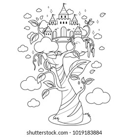 Magic beanstalk and castle. Vector black and white coloring page.