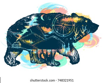 Magic bear double exposure color tattoo art. Mountains, compass. Tourism symbol, adventure, great outdoor 