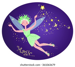 Magic. Beautiful cartoon  Fairy with a magic wand and firefly. Vector