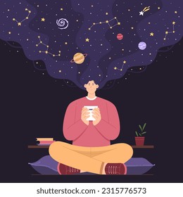 Magic beauty of space and universe inside, dream, meditation and self care of person vector illustration. Cartoon happy woman with galaxy in long hair holding coffee cup, sitting in lotus position