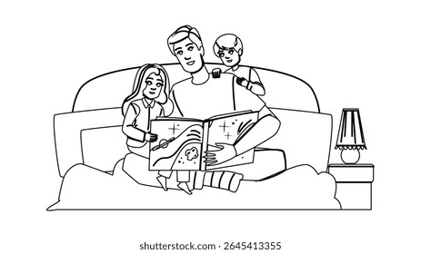 magia histórias de ninar vetor. princesa herói, viagem dormir, conto de noite mágico histórias de ninar personagem. pessoas linha preta lápis desenho ilustração
