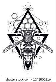 Magic bee. Wasp tattoo and t-shirt design 